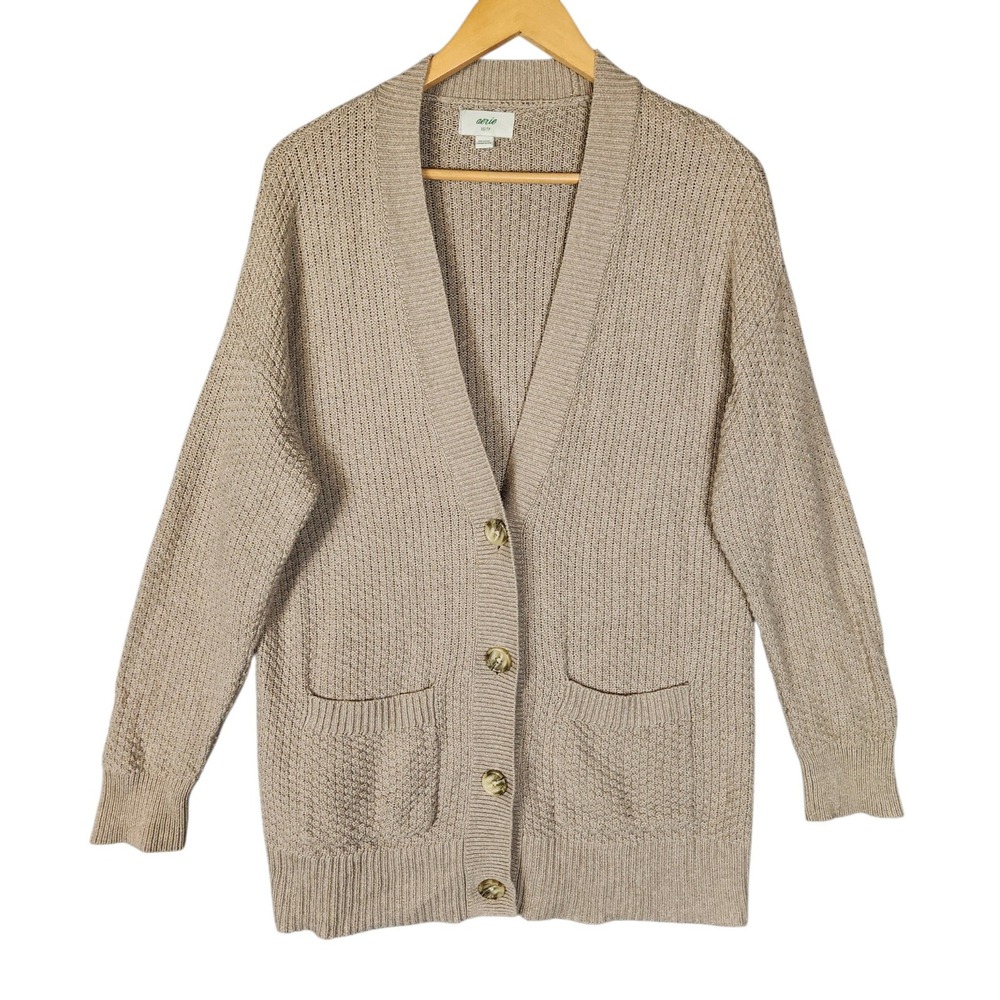 Aerie Long V-Neck Cardigan XS Tan Waffle Knit Button Front Oversized Pockets